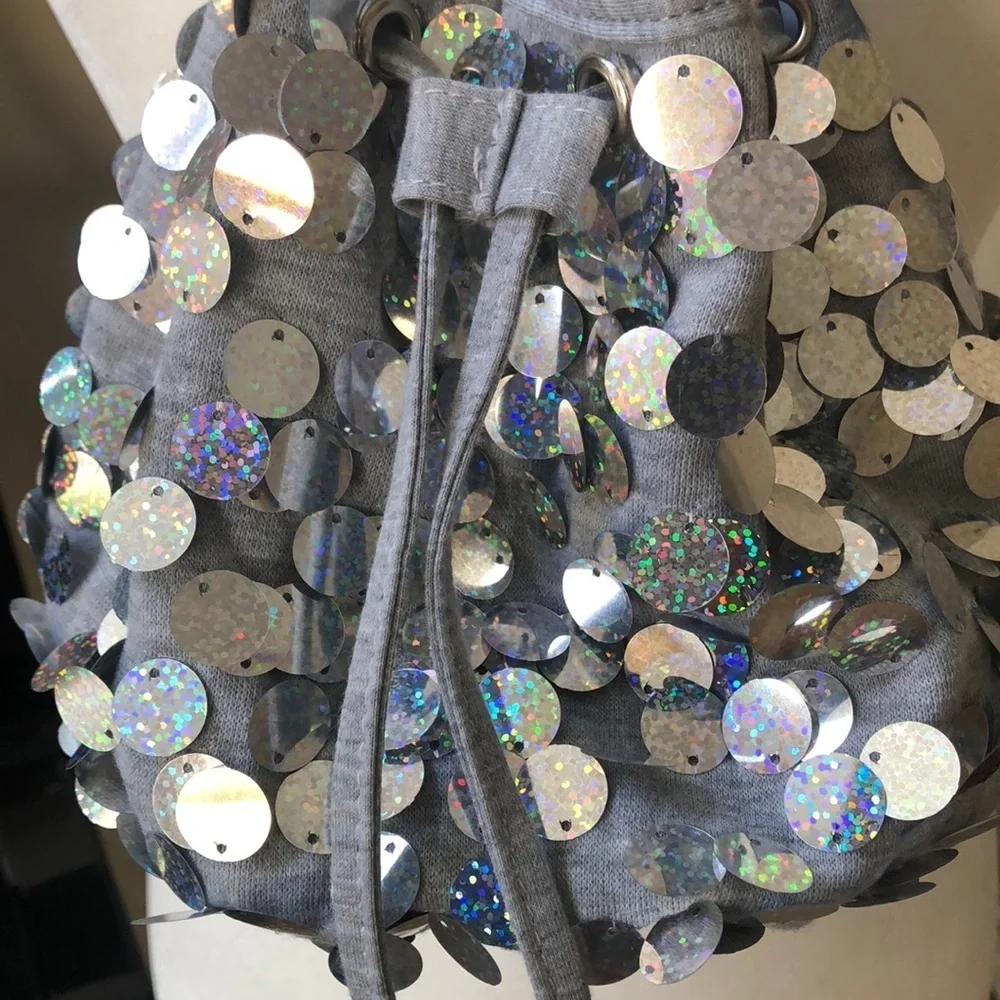 Justice Girls Heather Gray w Silver Sequin Hobo Bag Purse Lined Adjustable Strap
